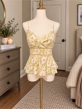 Francesca’s Yellow Floral Spaghetti Strap Peplum Top
